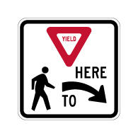 R1-5 Yield Here To Pedestrians Right Arrow Sign - 18x18. Crosswalk Sign Made with 3M Reflective Rust-Free Heavy Gauge Durable Aluminum available at STOPSignsAndMore