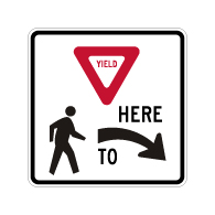 R1-5 Yield Here To Pedestrians Right Arrow Sign - 24x24. Crosswalk Sign Made with 3M Reflective Rust-Free Heavy Gauge Durable Aluminum available at STOPSignsAndMore
