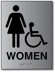 ADA Womens Restroom Wall Sign with Female and Wheelchair Symbols, Tactile Text, and Grade 2 Braille- 6x8 - Brushed aluminum is an attractive alternative to plastic ADA signs