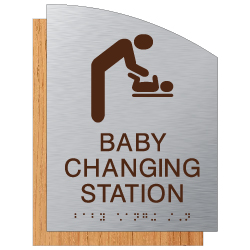 ADA Baby Changing Station Restroom Sign - Brushed Aluminum & Wood Laminates | Tactile Text & Braille