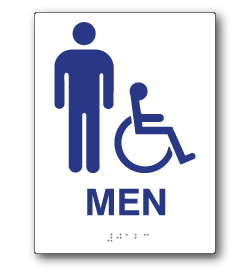 ADA Compliant Mens Restroom Wall Sign on White Rectangle with Wheelchair and Male Symbol - 6x8. Our ADA Restroom Signs meet regulations and will pass Title 24 building inspections